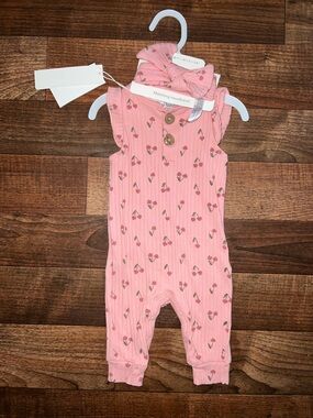 Pink Cherry-Print Baby Romper with Matching Headband